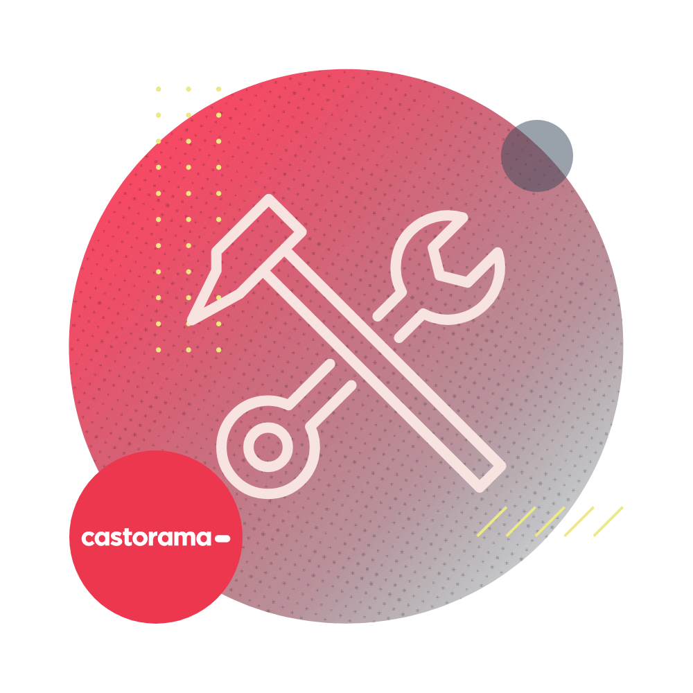 Wrench and hammer icon with a small Castorama logo